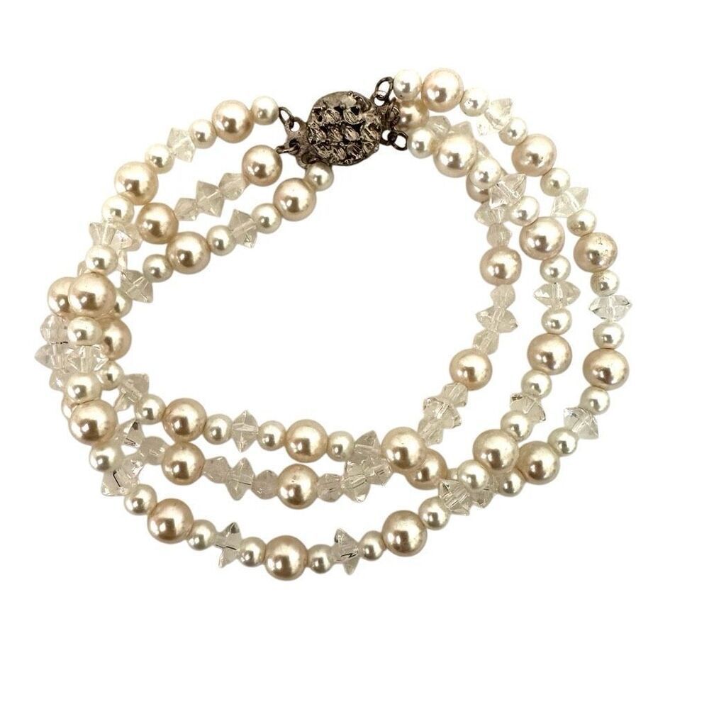 Faux pearl crystal multi strand bracelet